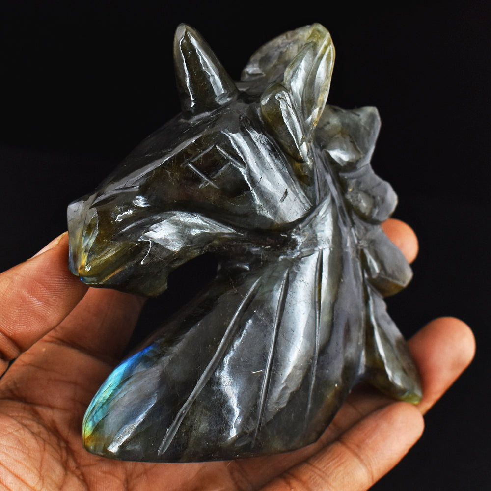 Golden & Blue Flash Labradorite  Hand Carved  1271.00 Cts  Unicorn Head Gemstone Carving