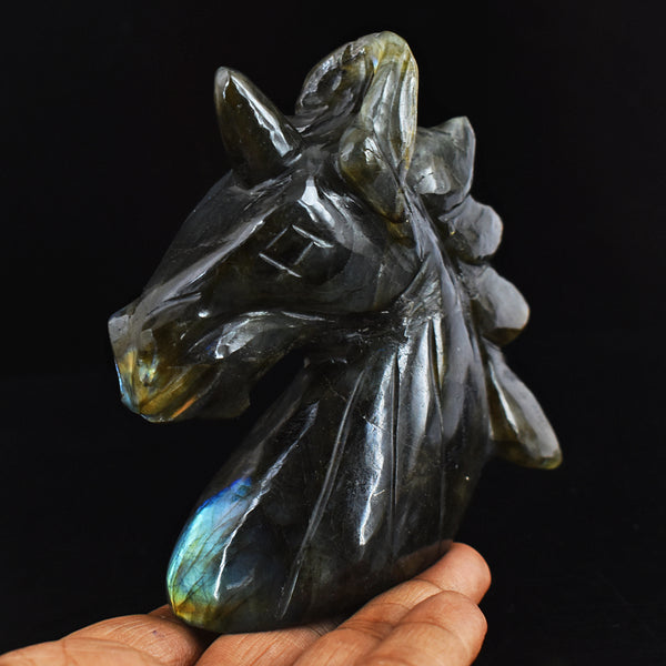 Golden & Blue Flash Labradorite  Hand Carved  1271.00 Cts  Unicorn Head Gemstone Carving