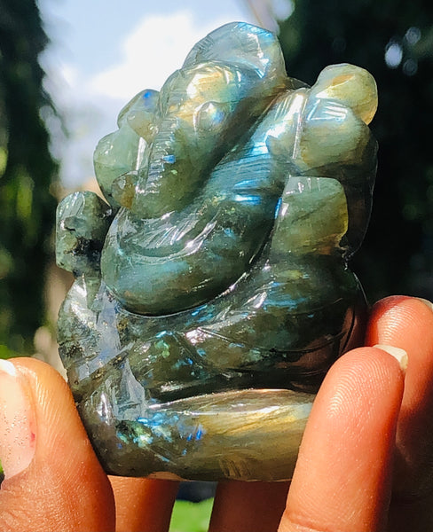 Gorgeous 612.00 Cts Genuine Blue Flash Labradorite Divine Hand Carved Crystal Lord Ganesha Gemstone Carving