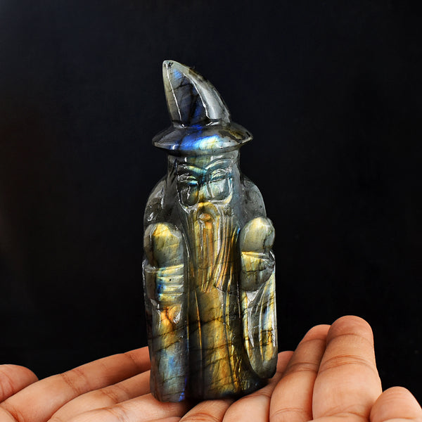 Beautiful  1167.00 Carats Golden & Blue Flash Labradorite  Hand Carved Crystal Gemstone Wizard Carving
