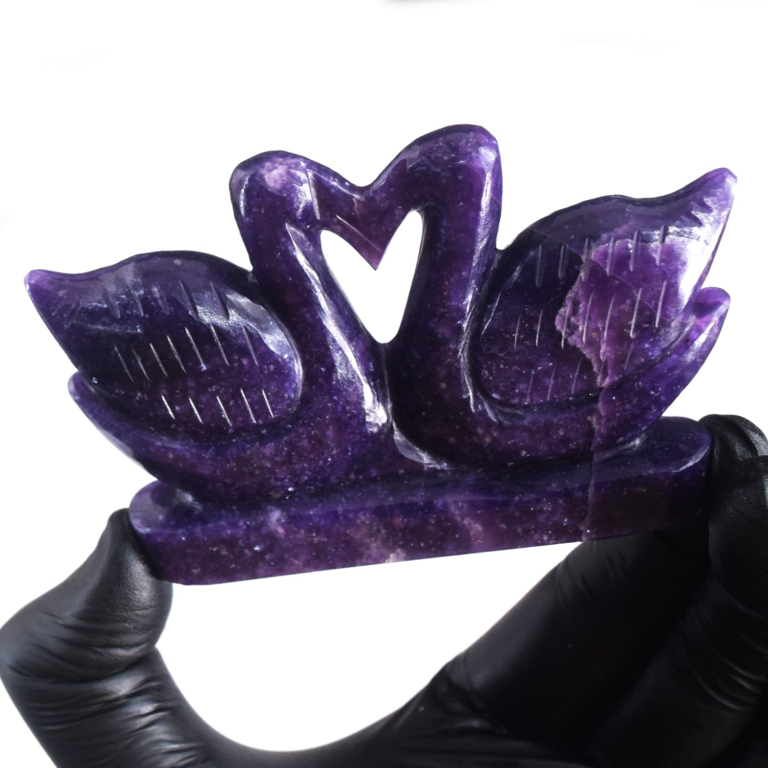 Pleasing 672.00 Cts Genuine Lepidolite Hand Carved Premium Crystal Love Swan Pair