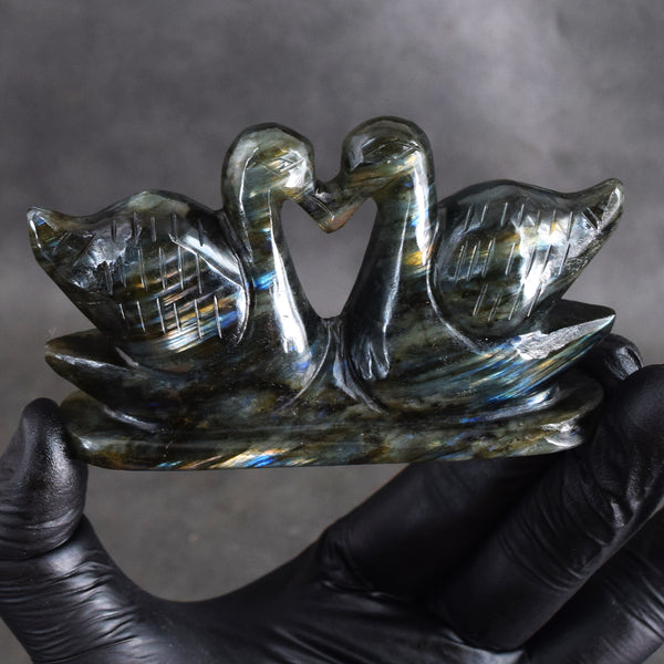 Stunning 726.00 Cts Genuine Golen & Blue Flash Labradorite Hand Carved Premium Love Swan Pair