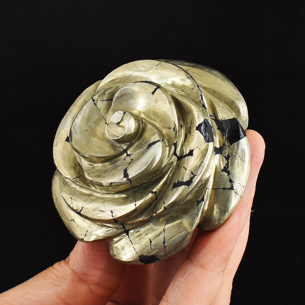Artisian  1581.00  Carats  Genuine  Pyrite  Hand  Carved Crystal  Rose Flower Gemstone  Carving