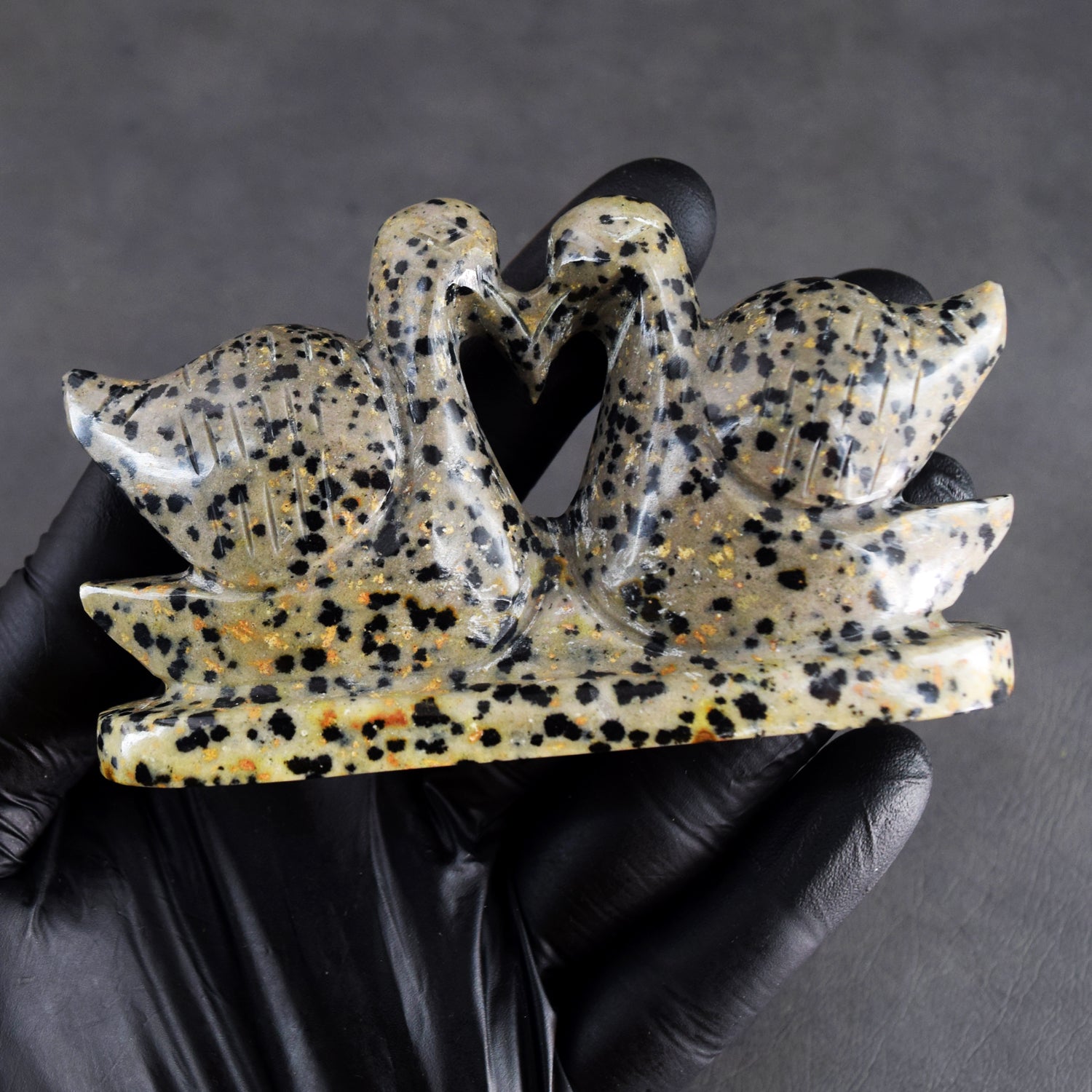 Exclusive 811.00 Cts Genuine Dalmation Jasper Hand Carved Premium Love Swan Pair