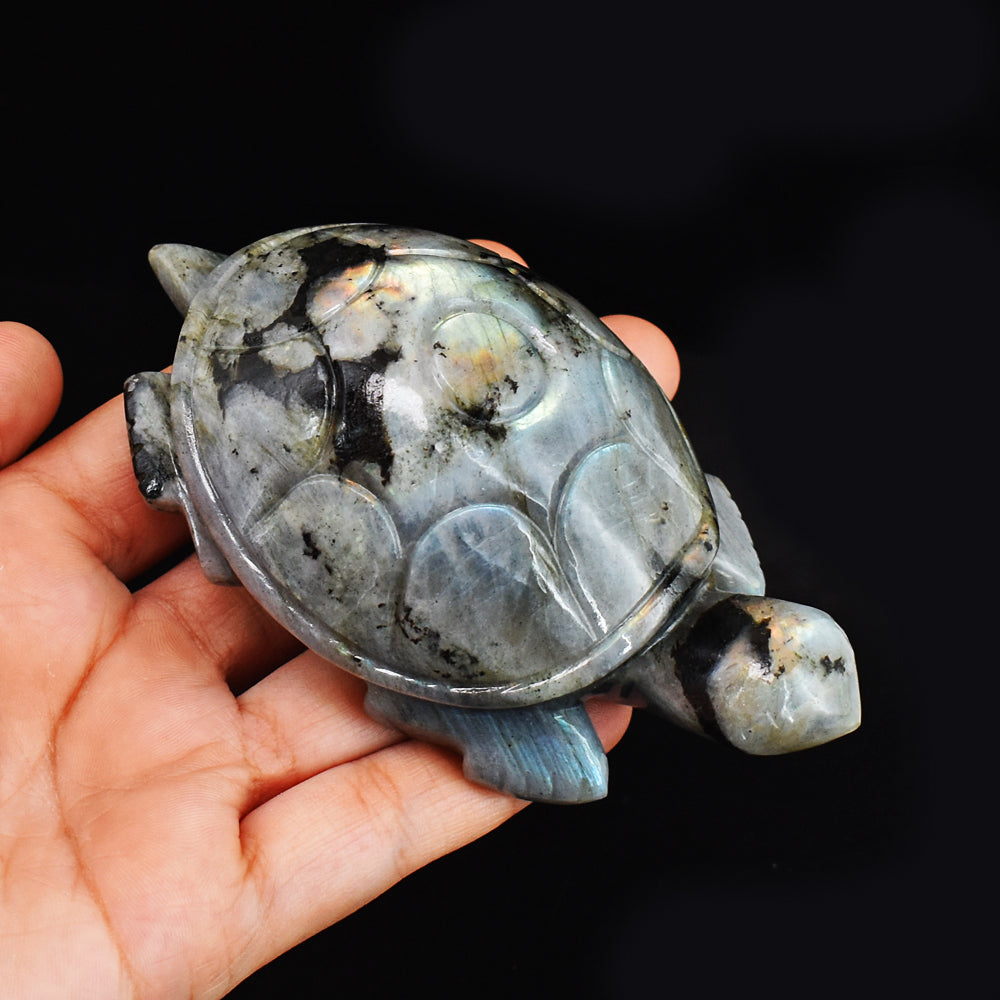 1288.00 Carats  Genuine Blue & Golden Flash Labradorite  Hand Carved  Crystal Gemstone Turtle Carving
