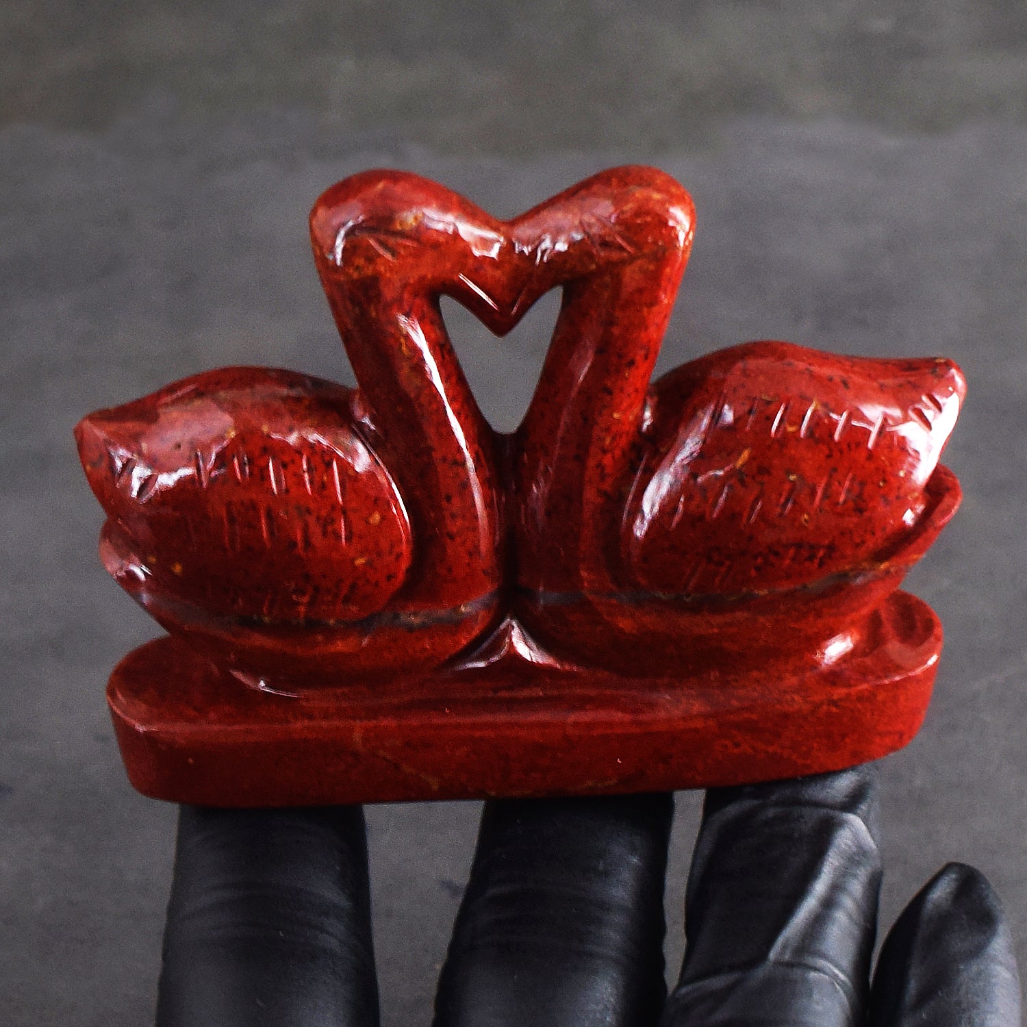 Awesome 602.00 Cts Genuine Red Jasper Carved Love Premium Swan Pair