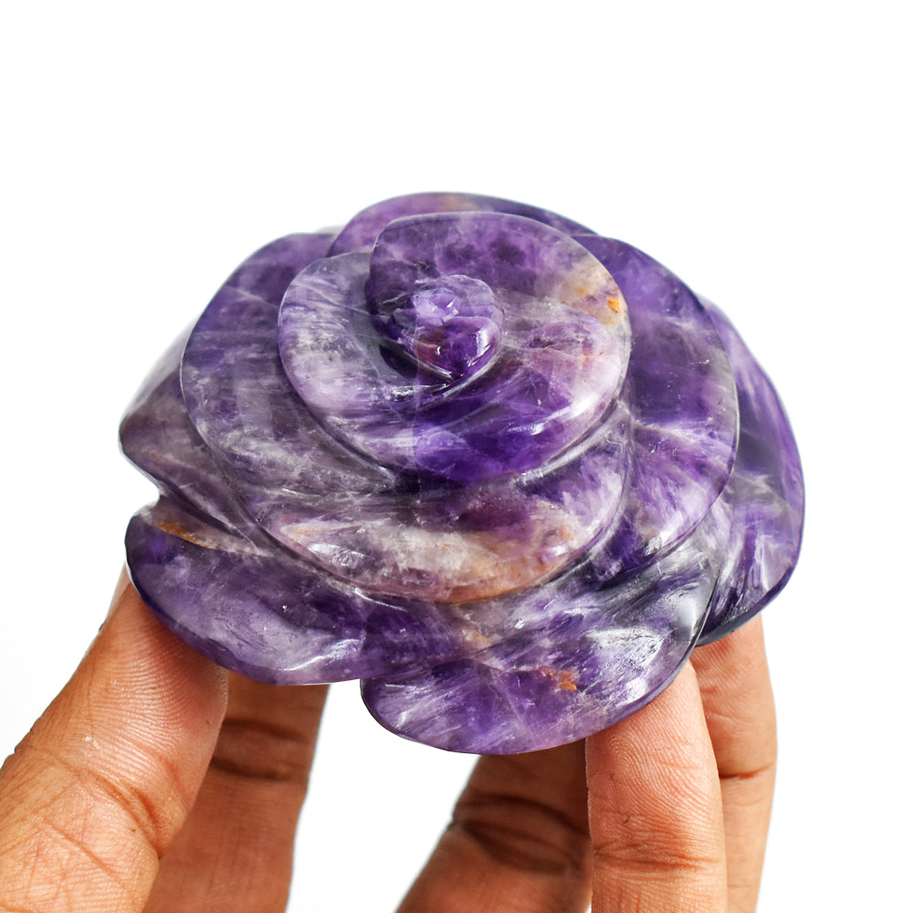 Amazing 915.00 Cts Genuine  Amethyst Hand  Carved  Rose  Flower  Gemstone  Carving