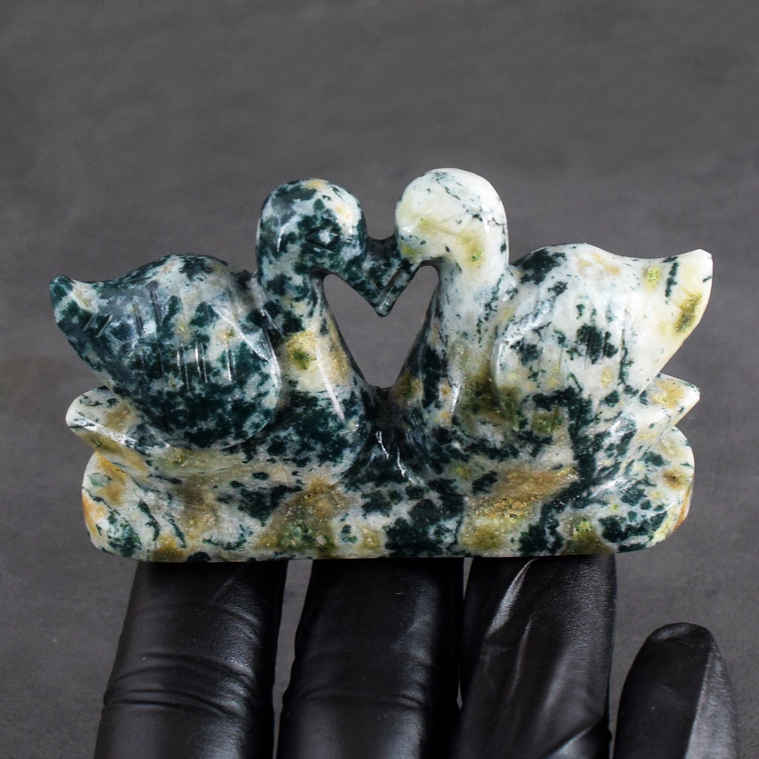 Outstanding 400.00 Cts Genuine Tree Agate Carved Premium Love Swan Pair