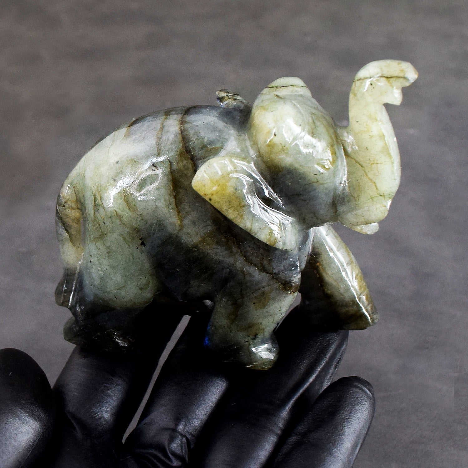 Genuine 989.00 Cts Blue Flash Labradorite Carved Crystal Premium Elephant