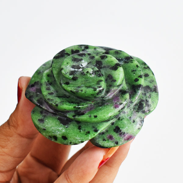 Beautiful 481.00  Carats  Genuine  Ruby Zoisite   Hand  Carved  Rose   Gemstone  Carving