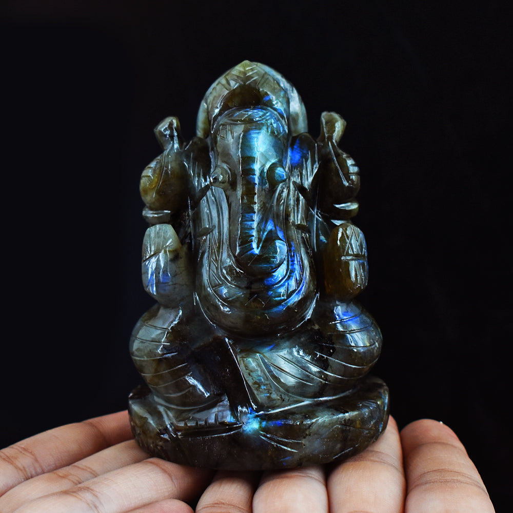 Beautiful 1699.00 Cts Genuine  Blue Flash Labradorite Hand Carved Crystal Lord Ganesha Gemstone Carving