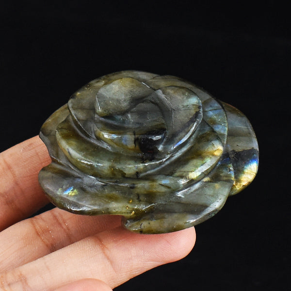 405.00 Carats Genuine Golden & Blue Flash Labradorite  Hand  Carved Gemstone Crystal Rose Flower Carving