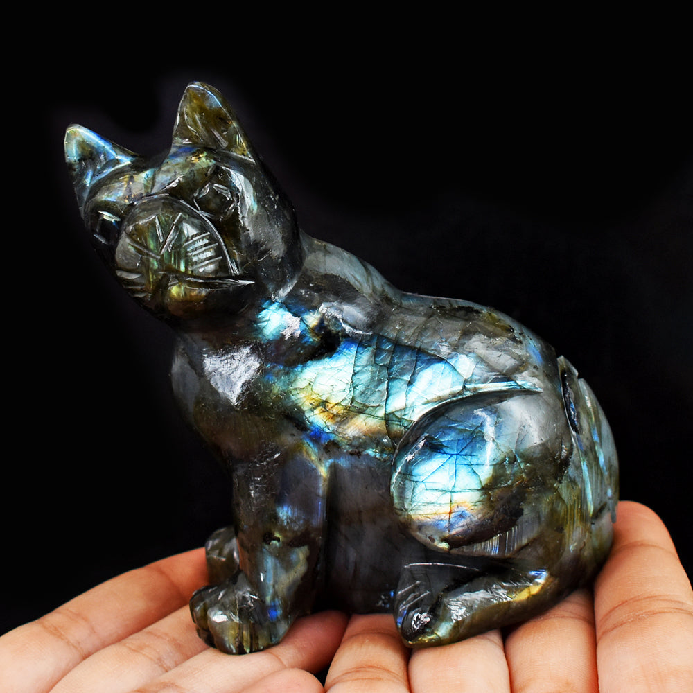 Beautiful 1837.00 Cts Genuine Amazing Flash Labradorite Hand Carved Crystal Gemstone Cat Carving