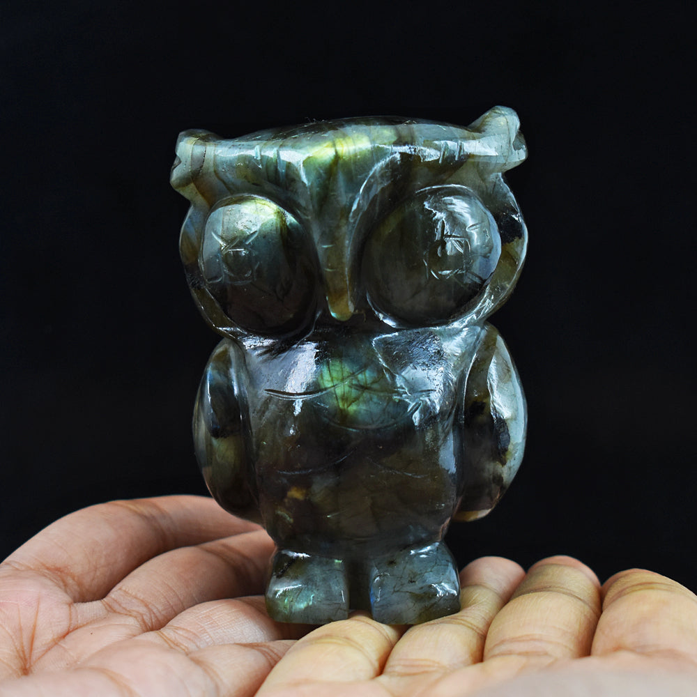 Golden & Blue Flash Labradorite 1289.00 Cts Genuine  Hand Carved Crystal Gemstone Owl Carving