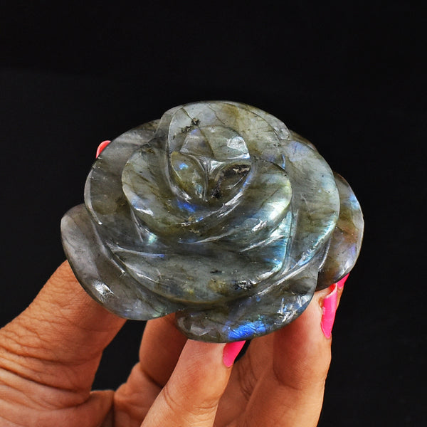 Blue  Flash Labradorite  454.00 Carats  Genuine  Hand Carved  Gemstone Rose Flower  Carving