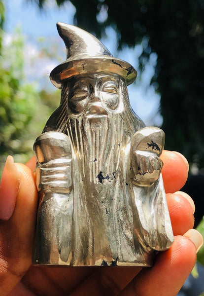 Exclusive 987.00 Carats Genuine Pyrite  Hand Carved Crystal Gemstone Wizard Carving