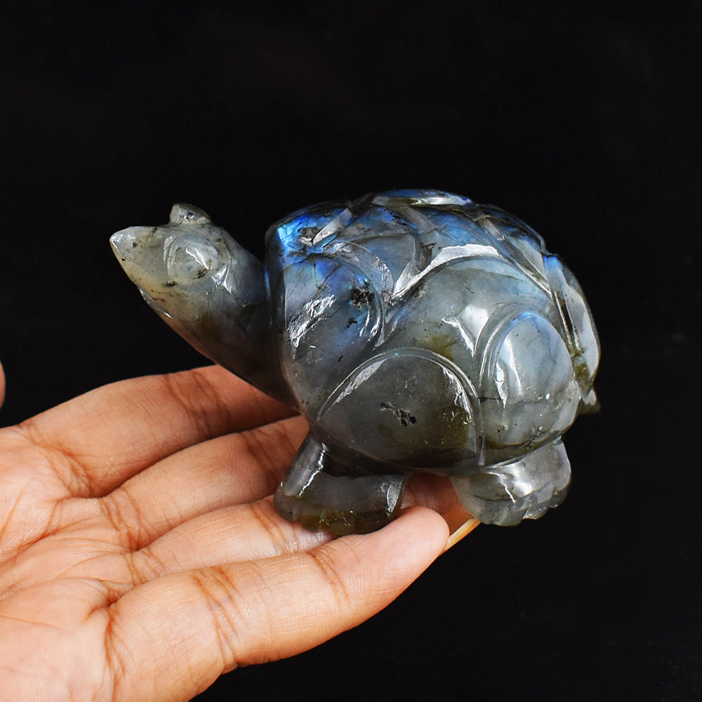 722.00 Carats  Genuine Blue Flash Labradorite Hand Carved  Crystal  Gemstone Turtle Carving