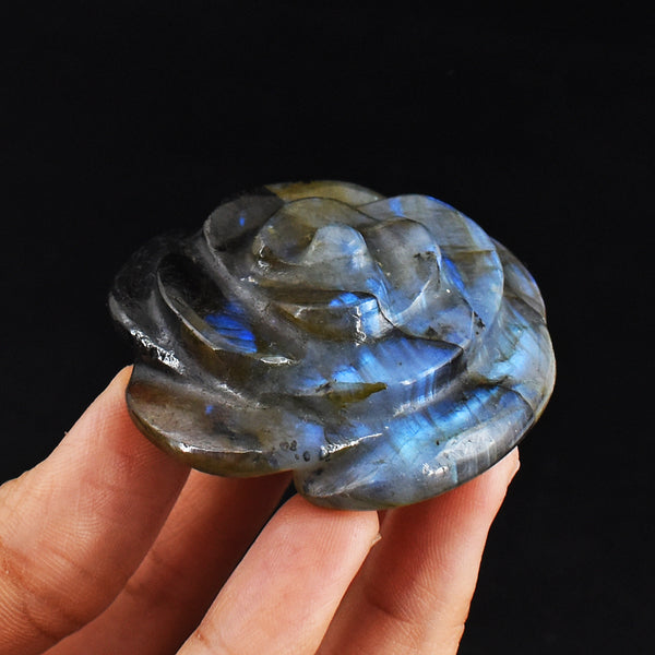 Blue Flash Labradorite  284.00 Cts Genuine Hand  Carved Gemstone Crystal Rose Flower Carving