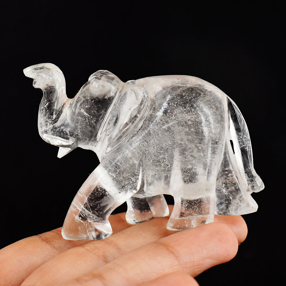 Artisian  384.00 Carats  Genuine White Quartz Hand Carved  Crystal Gemstone Carving Elephant