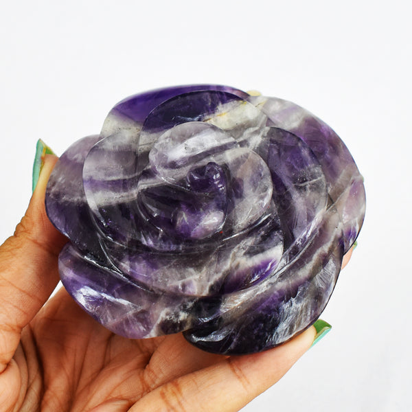 Amazing 910.00 Carats Genuine Chevron Amethyst Hand  Carved Crystal Rose  Flower  Gemstone  Carving
