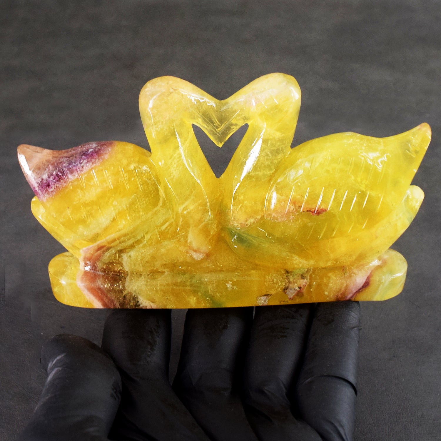 Superb 1393.00 Cts Genuine Yellow Fluorite Premium Carved Love Swan Pair
