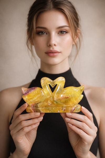 Superb 1393.00 Cts Genuine Yellow Fluorite Premium Carved Love Swan Pair