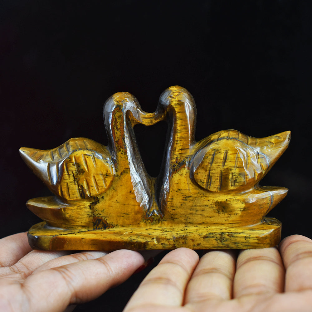 Exclusive  680.00 Carats  Genuine Tiger Eye Hand  Carved  Crystal Swan Pair  Gemstone Carving