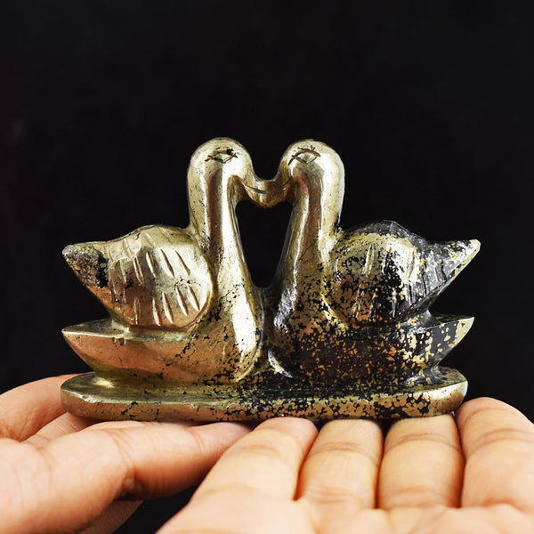 Beautiful  750.00 Carats  Genuine  Pyrite  Hand  Carved  Crystal  Swan Pair Gemstone Carving