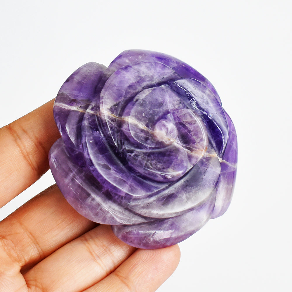Exclusive  466.00  Carats Genuine  Amethyst  Hand  Carved  Rose  Flower  Gemtone  Carving
