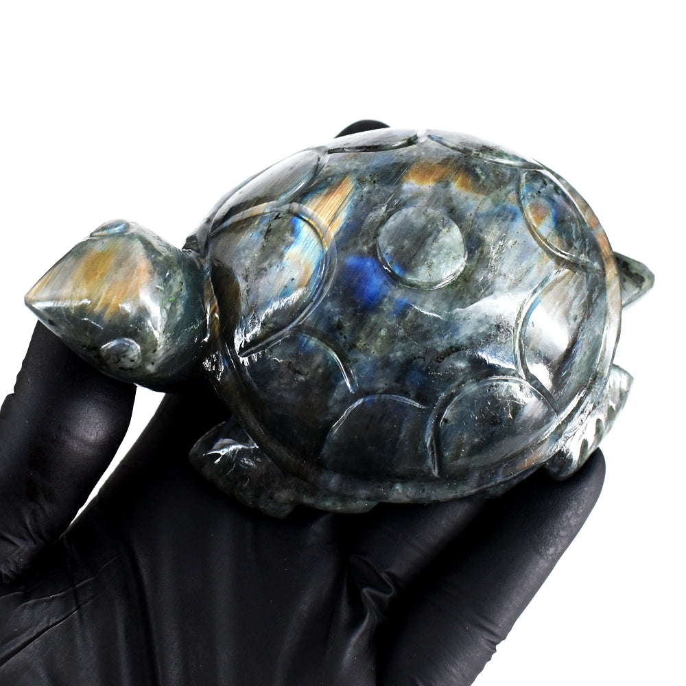 Exclusive 1714.00 Cts Genuine Orange & Blue Flash Labradorite Hand Carved Gemstone Turtle Crystal Carving