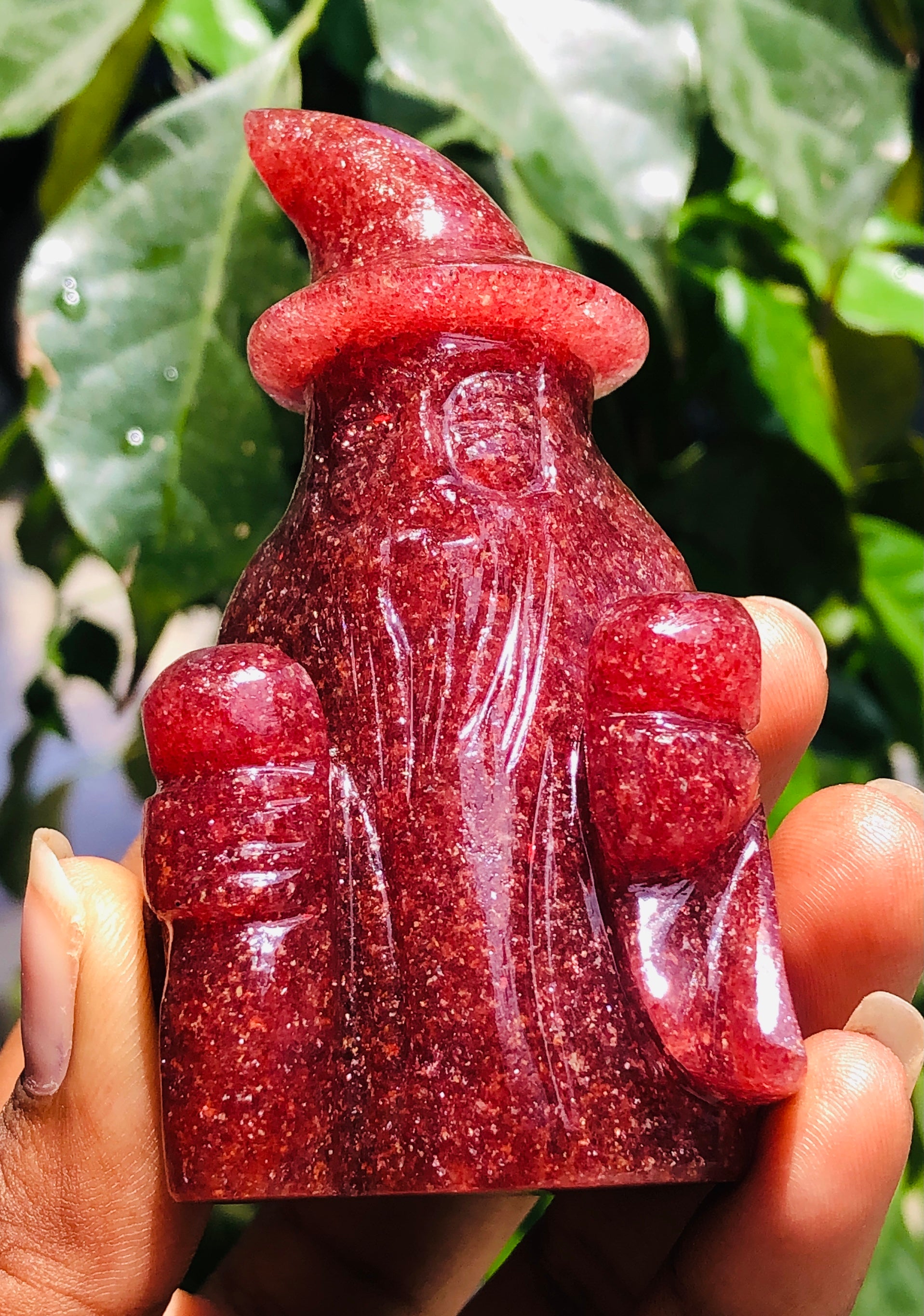 Beautiful 708.00 Carats Genuine  Strawberry Quartz Hand Carved Crystal Gemstone Wizard Carving