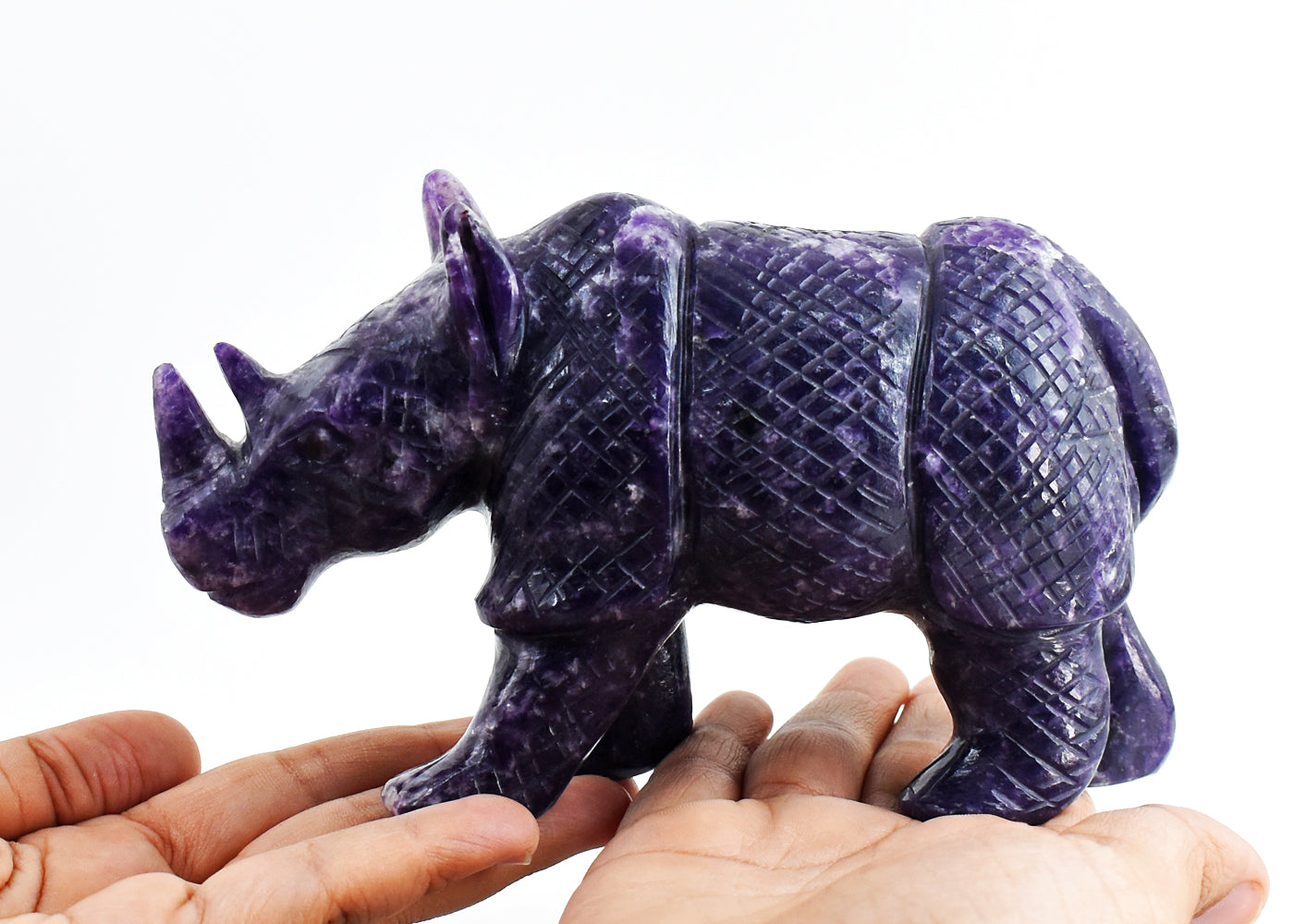 Exclusive 4514.00  Cts Genuine Lepidolite Hand Carved Crystal Rhinoceros Gemstone Carving