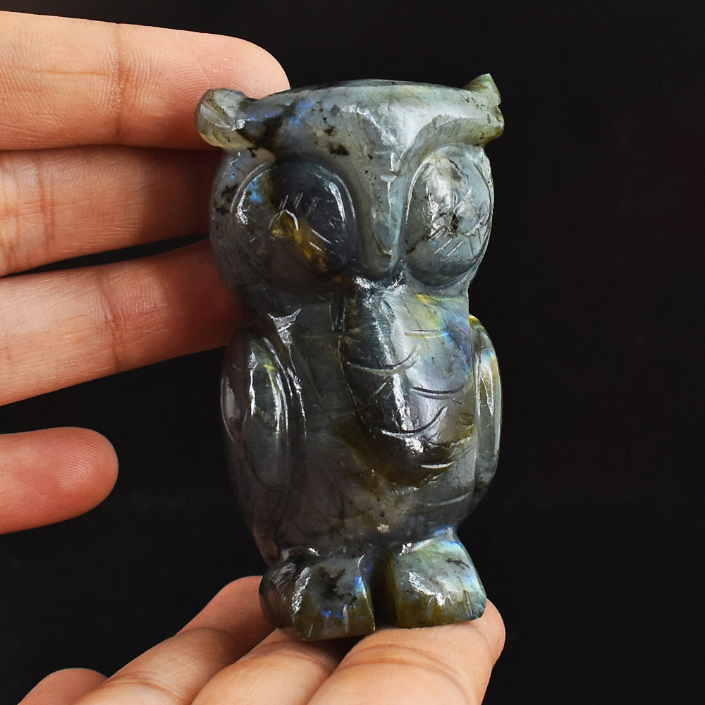 Exclusive 649.00 Carats  Genuine  Golden & Blue Flash Labradorite Hand Carved Crystal  Owl Carving