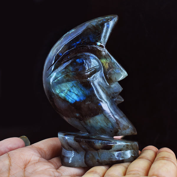 Genuine  1183.00 Carats  Blue Flash Labradorite Moon With Stand Hand  Carved  Gemstone Carving