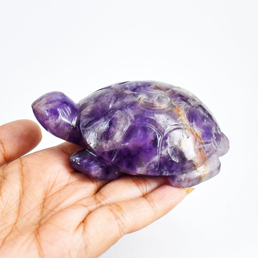 Amazing 909.00 Carats  Genuine  Hand Carved  Amethyst Crystal  Gemstone Turtle Carving