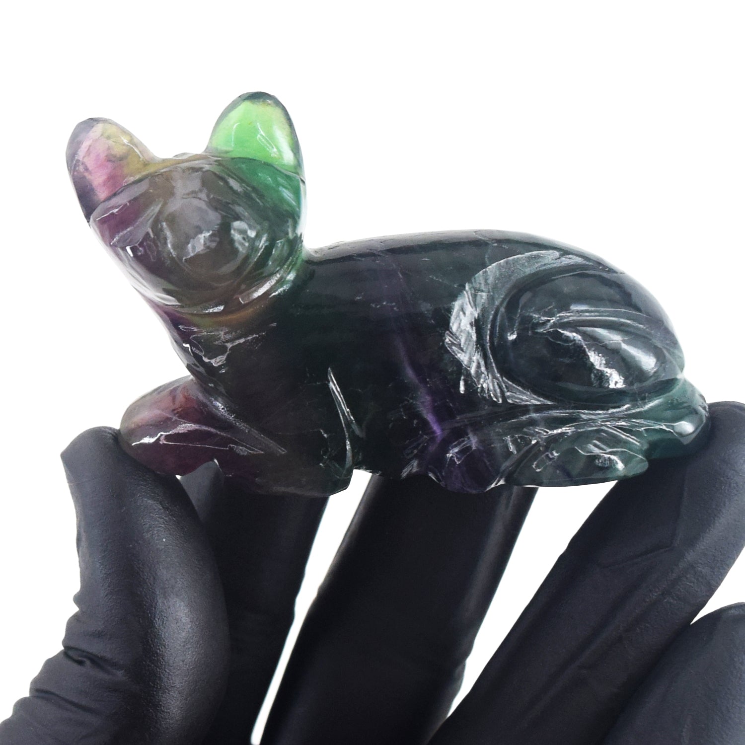 Gorgeous 389.00 Cts Genuine Multicolor Fluorite Crystal Carved Premium Cat