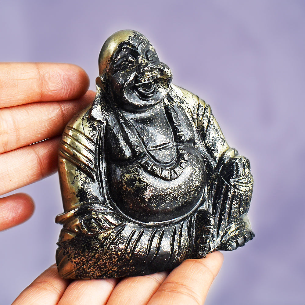 Amazing  2505.00 Cts Genuine Pyrite Hand Carved Crystal Laughing Buddha Gemstone Carving