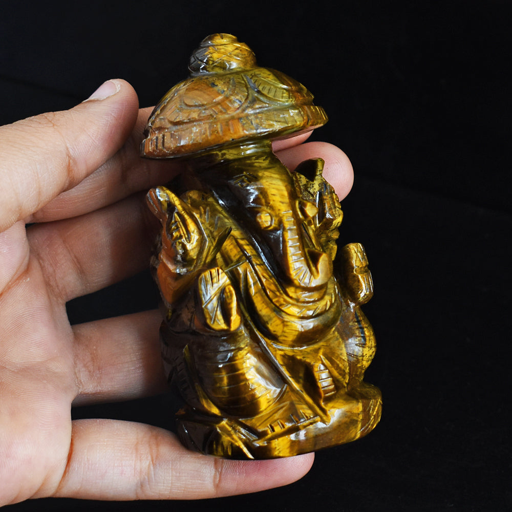 Natural 1186.00 Cts Genuine Golden Tiger Eye Hand Carved Lord Ganesha With Throne Gemstone Carving