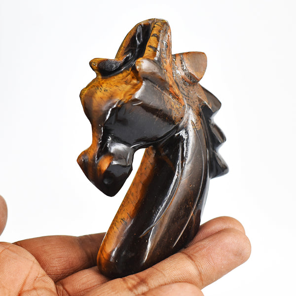 Exclusive  636.00  Carats  Genuine  Golden  Tiger Eye Hand  Carved  Unicorn Head Carving