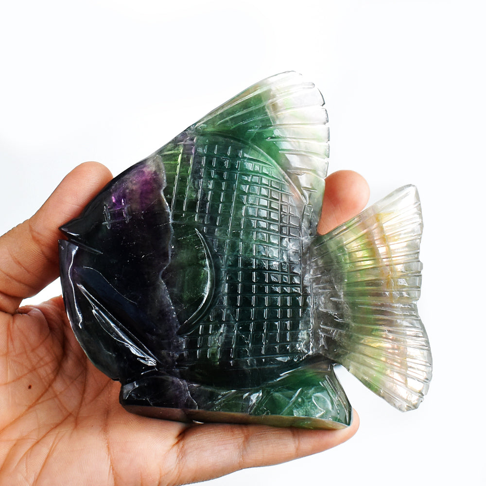 Amazing 2466.00 Cts Genuine Multicolor Fluorite Hand Carved Crystal Gemstone Carving Fish