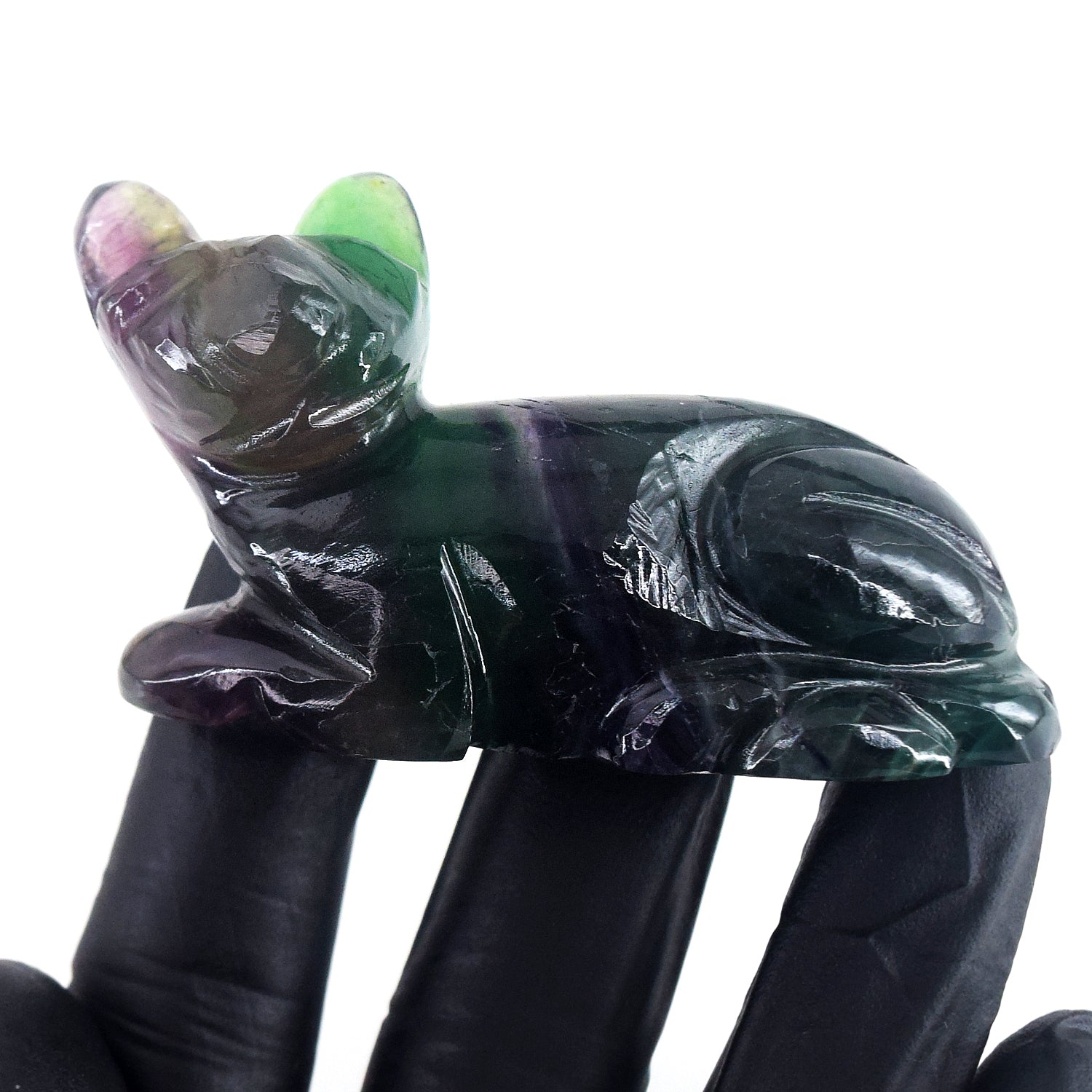 Gorgeous 389.00 Cts Genuine Multicolor Fluorite Crystal Carved Premium Cat