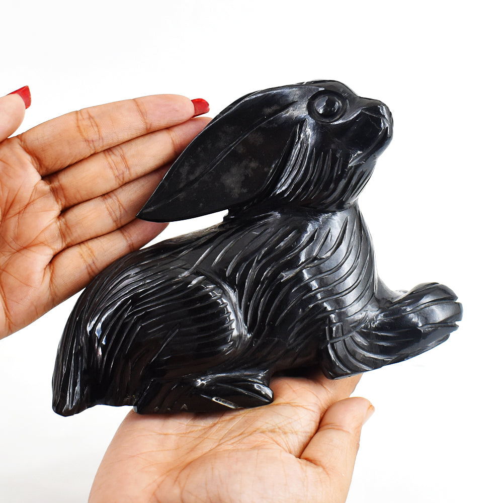 Beautiful  6008.00 Carats  Genuine Black Spinel Hand Carved Crystal Bunny Gemstone Carving