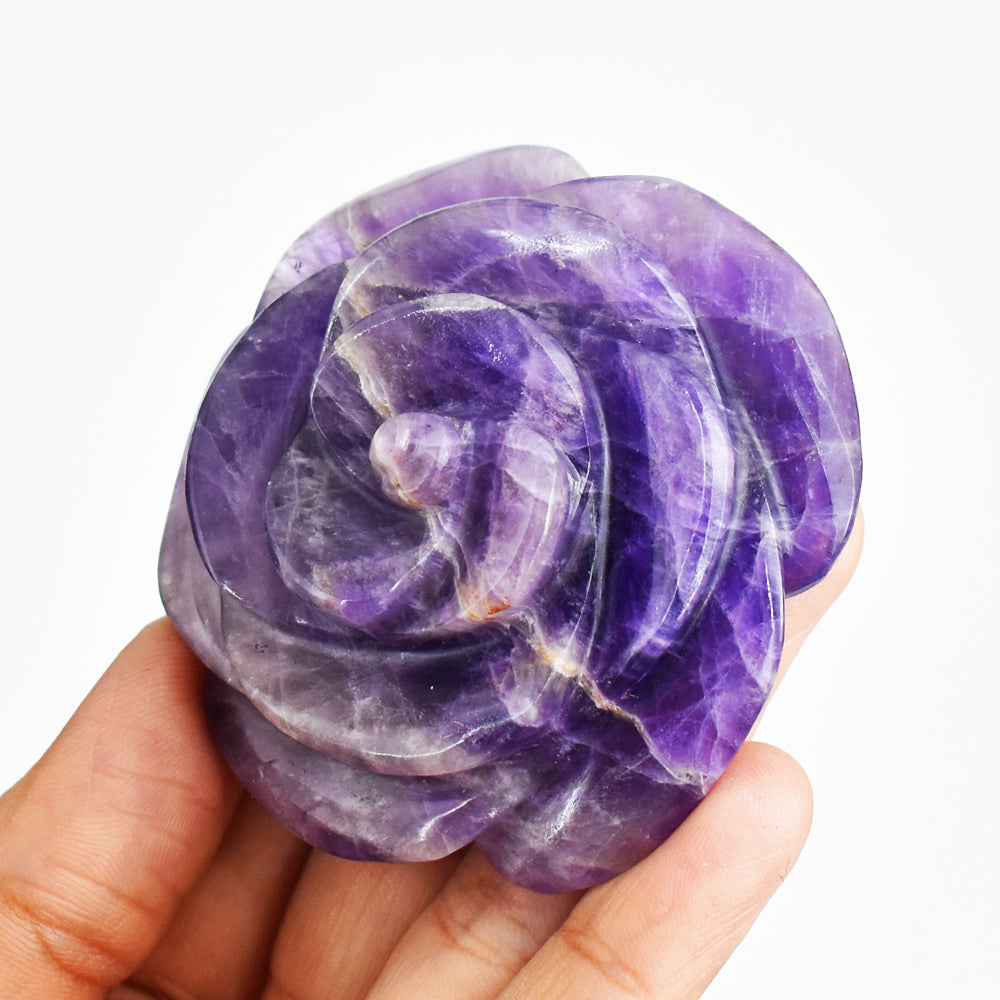 Exclusive  466.00  Carats Genuine  Amethyst  Hand  Carved  Rose  Flower  Gemtone  Carving