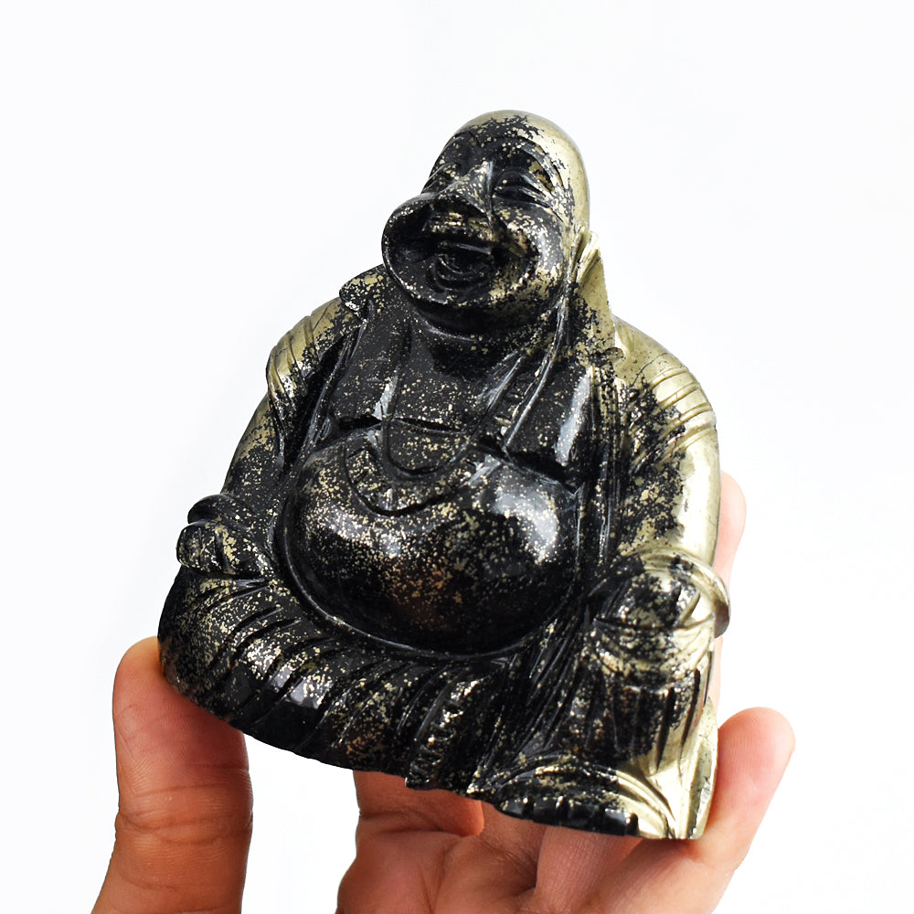 Amazing  2505.00 Cts Genuine Pyrite Hand Carved Crystal Laughing Buddha Gemstone Carving