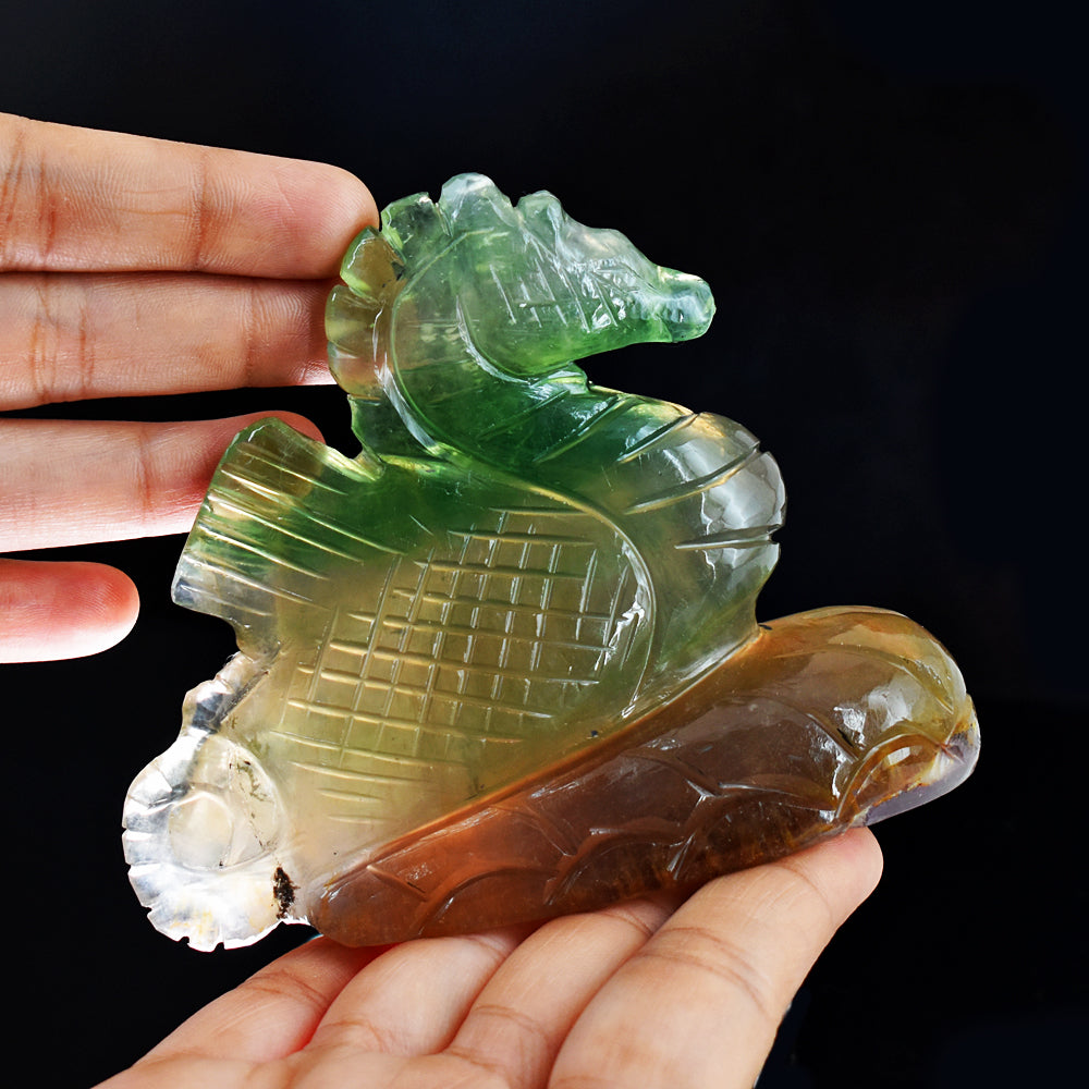 Amazing 1979.00 Cts Genuine Multicolor Fluorite  Hand Carved Crystal Gemstone Seahorse Carving