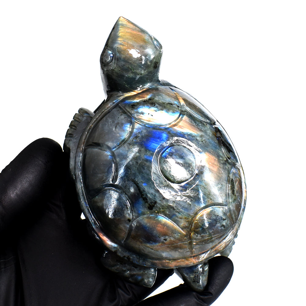 Exclusive 1714.00 Cts Genuine Orange & Blue Flash Labradorite Hand Carved Gemstone Turtle Crystal Carving
