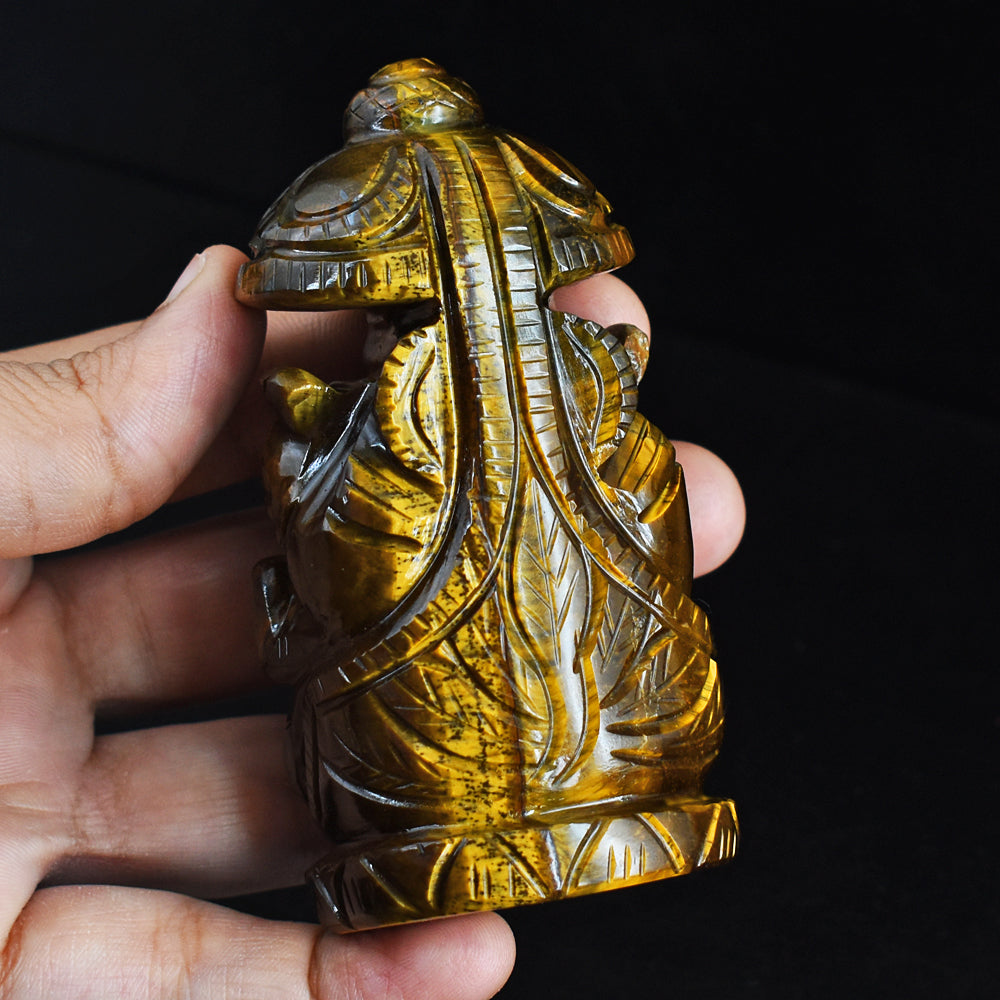 Natural 1186.00 Cts Genuine Golden Tiger Eye Hand Carved Lord Ganesha With Throne Gemstone Carving
