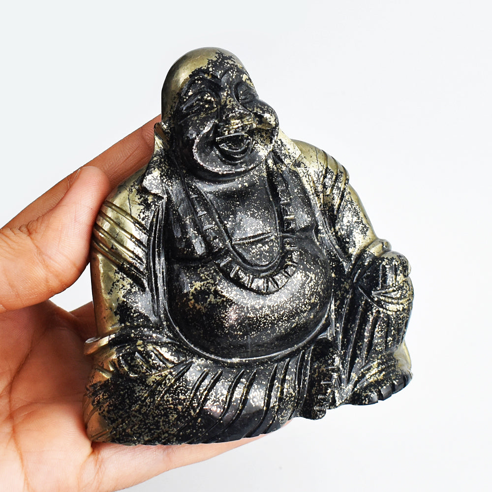 Amazing  2505.00 Cts Genuine Pyrite Hand Carved Crystal Laughing Buddha Gemstone Carving