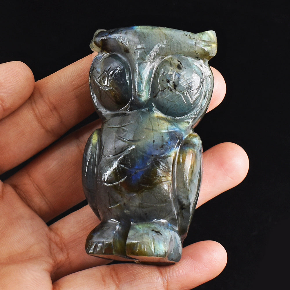 Exclusive 649.00 Carats  Genuine  Golden & Blue Flash Labradorite Hand Carved Crystal  Owl Carving