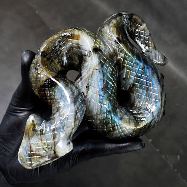Artisian 2644.00 Cts Genuine Blue Flash Labradorite Hand Carved Cobra Gemstone Crystal Carving